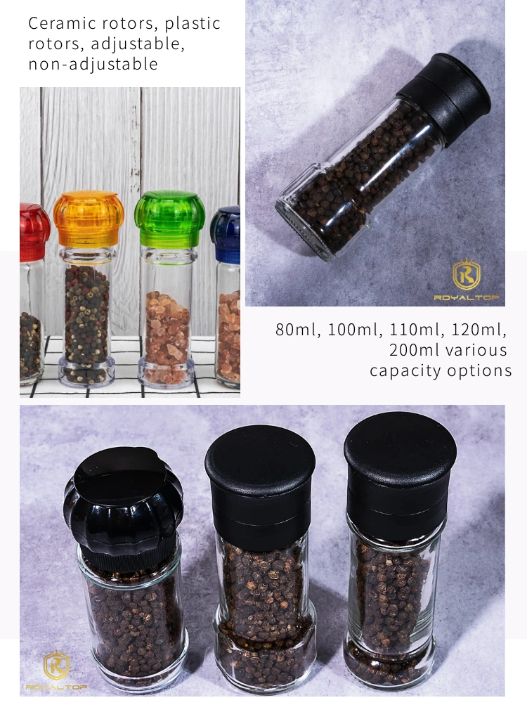 Kitchen 90ml 100ml Spice Packing Glass Container Plastic Cap Spice Mill Bottle Salt Pepper Grinder